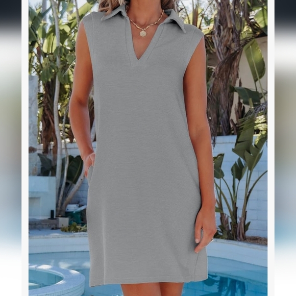 Sleeveless Gray V-Neck Dress With Pockets NWT - Picture 2 of 16